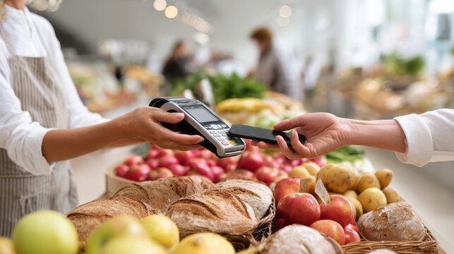 Customer making contactless payment with smartphone at a vibrant market stall filled with fresh fruits and baked goods, showcasing modern shopping experience and convenience