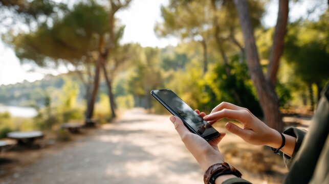 Individual using smartphone outdoors, surrounded by trees and nature, enjoying a peaceful moment while engaging with technology in a serene environment