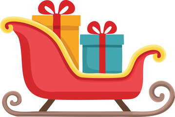 A festive red and yellow sleigh filled with two wrapped Christmas presents, one yellow and one blue, tied with red ribbons.