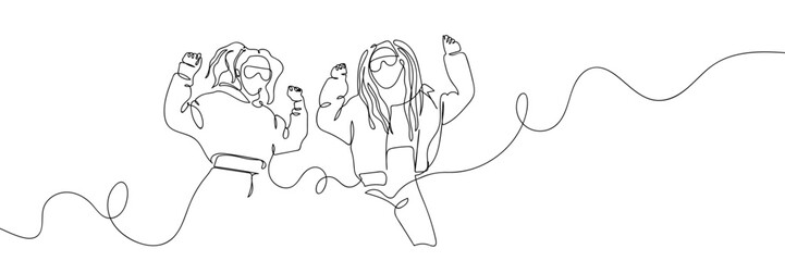 Continuous one line of two teenage girls dancing. Hand drawn vector doodle art line. Editable stroke.