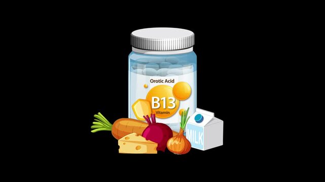 Vitamin B13 Supplement Bottle Surrounded by Nutritious Food Animation