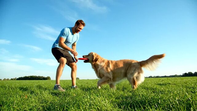 Man and golden retriever dog playing with flying disc outdoors in sunny green field dynamic action shot