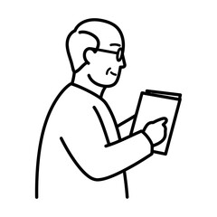 Line drawing of a man with glasses reading a document.