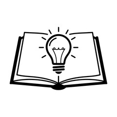 An open book with a lightbulb above it, symbolizing knowledge and ideas.