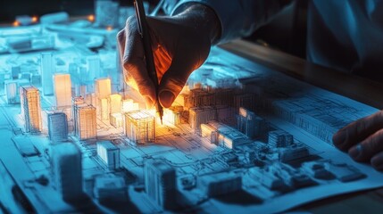 Architect' Hand Drawing a Luminous Future City Blueprint with Glowing Buildings