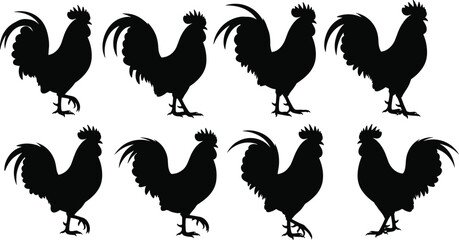 Rooster silhouette vector set with varied poses, tail feathers, and comb styles for farm, animal, logo, and decorative design use