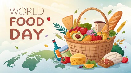 Colorful picnic basket sits above map, representing international food celebration.