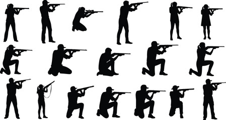 Shooting stance silhouette vector set featuring rifle handling in standing, kneeling, prone positions for military, training, and tactical use
