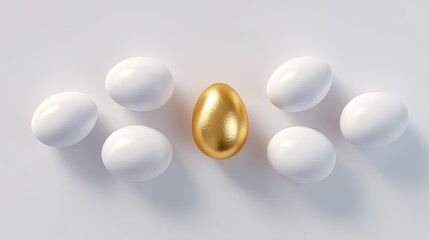 Gold Egg Surrounded by Classic White Eggs on Soft Background for Easter or Symbolic Representation of Prosperity and Luck