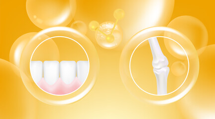 Hyaluronic acid teeth and gum, bone and joint solutions ad, gold collagen with cosmetic advertising background ready to use, illustration vector.	