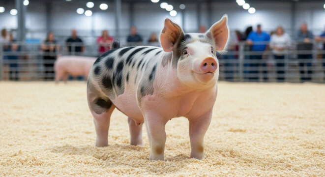 Prize Winning Spotted Pig Standing Proudly in Barn Arena