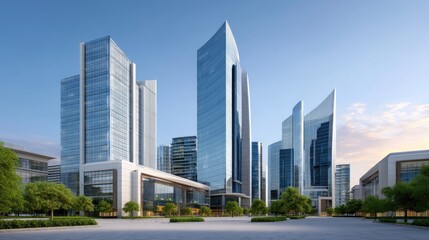 Obraz premium Modern Urban Skyline with Tall Glass Buildings and Clear Blue Sky in a Business District