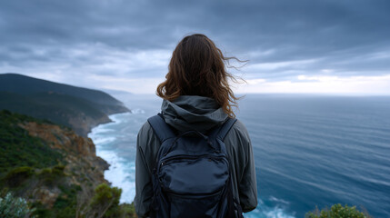 Fototapeta premium Traveler Standing on Cliff Overlooking Ocean