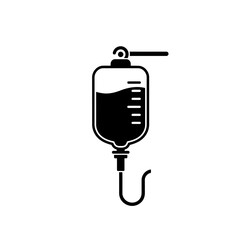 Illustration of a black and white iv drip bag with fluid level indicators and a hanging mechanism shown on transparent background