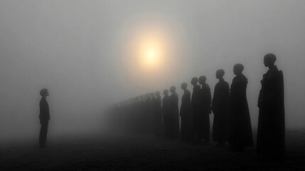 An otherworldly fog enveloping a field of twisted, silhouetted statues, hinting at a hidden narrative.