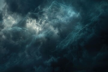 Fototapeta premium Lightning bolts striking through dramatic dark clouds, creating a powerful and ominous atmosphere in the night sky