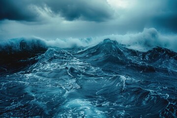 Powerful ocean waves crashing under a dark and stormy sky, creating a dramatic and awe inspiring scene of natural power