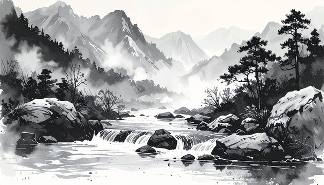 水墨画 幸山作 川と山の風景 水墨画幸山作川と山の風景｜代購幫