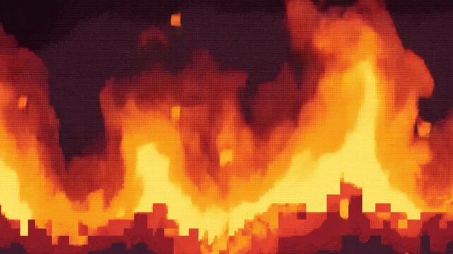 Animated Fire in Pixel Style. Abstract flames in fiery orange and red with dark background  