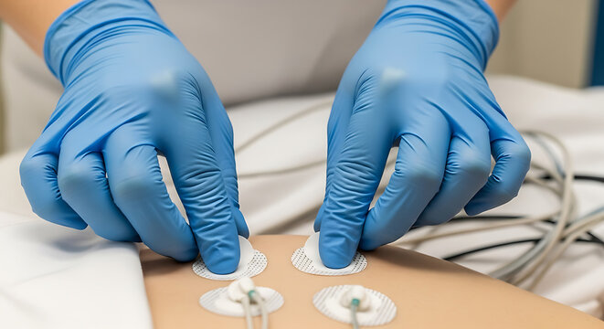 Close up of a nurse wearing blue gloves applying electrodes to a patients chest.