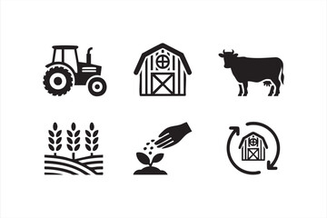 Agriculture and farm vector icon set — tractor, barn, and cow for eco design