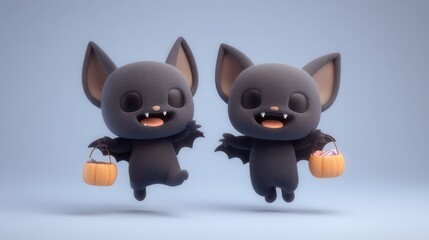 Fototapeta premium Cute Cartoon Bats with Pumpkins Celebrating Halloween Together