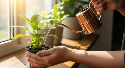 Person watering potted plants on a windowsill with a green watering can