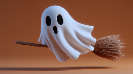 Cute cartoon ghost flying on broom for Halloween-themed decoration
