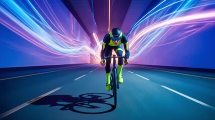 A futuristic cyclist rides at high speed through a neon tunnel surrounded by dynamic streaks of blue and pink light - Powered by Adobe