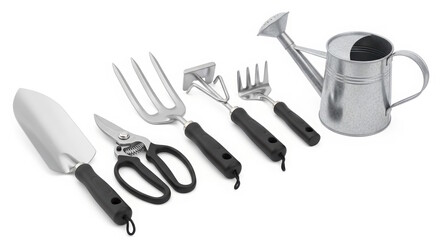 Fototapeta premium Gardening tools including trowel, fork, pruners, rake, and watering can arranged neatly on a white background, showcasing essential equipment for gardening enthusiasts