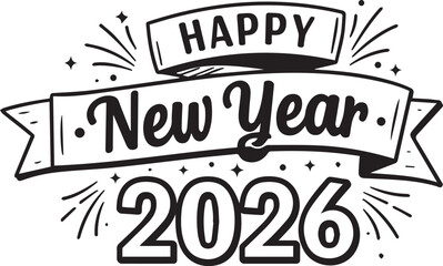 Happy New Year 2026 Hand Drawn Style Banner celebration