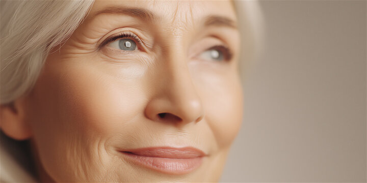 Portrait of smiling senior woman looking aside in warm light, representing wisdom, positivity, and graceful aging. - Powered by Adobe