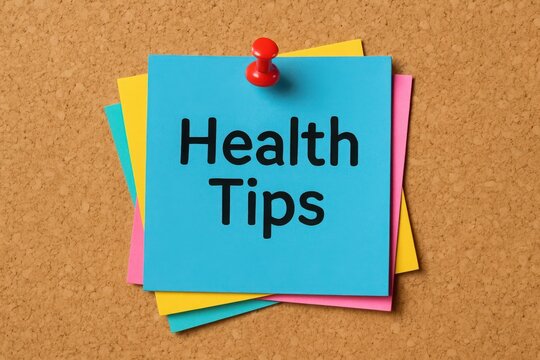 Bright blue sticky note featuring 'health tips' text pinned to a corkboard surface