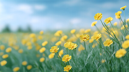 Obraz premium Yellow flowers blooming in green meadow under blue sky, symbolizing spring, hope, and renewal.