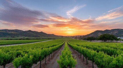 Fototapeta premium Scenic Vineyard Landscape at Sunset with Vibrant Green Grapevines and Dramatic Sky Reflections Realism