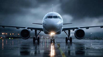 Soaring into the Storm: A sleek commercial aircraft prepares for takeoff amidst a dramatic, rain-swept tarmac under a moody, overcast sky, evoking a sense of anticipation and the power of aviation.