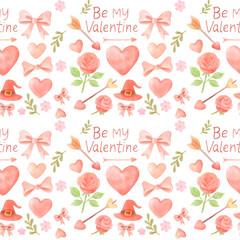 Romantic Watercolor Valentine Pattern with Hearts and Roses