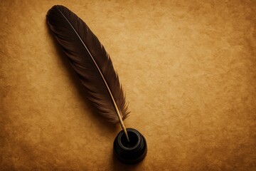 Antique quill pen resting on aged parchment paper with ink pot timeless writing tool