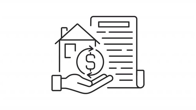 Animated home loan collateral line icon. Real estate selling animation. Security for loan repayment. Valuable property costs. Outline element on white background. HD video with alpha channel