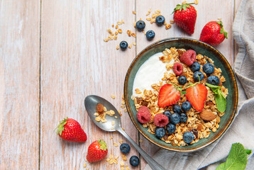 Healthy breakfast bowl with granola and fresh berries