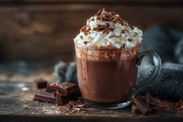Indulge in rich, decadent hot chocolate topped with creamy whipped cream and dark chocolate shavings, perfect for cozy winter moments.