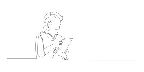 Continuous single line drawing of woman civil engineer or architect with constructions plans