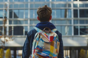 Male student wearing backpack looking at university building on campus