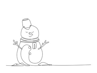 Melting Snowman in single line draw illustration. Continuous one line drawing of melting winter snowman. Editable stroke.
