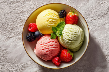 Indulge in a refreshing scoop of creamy artisanal ice cream adorned with vibrant fresh berries and delicate mint leaves for a perfect summer treat