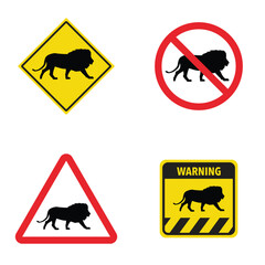 Set of lion crossing traffic sign. Vector illustration of yellow triangle warning sign and white cirle warning sign with lion icon inside. Wild forest animals likely to be in road ahead. Caution lion.