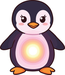 Cute cartoon penguin, glowing belly, vector illustration, children’s design, animal character, flat style, adorable bird, playful art, isolated graphic, cad drawing flat vector illustration