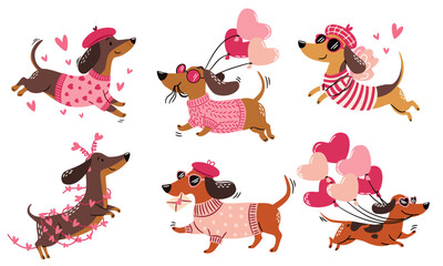 A set of flat vector illustrations in a simple children's style on the theme of Valentine's Day. Cute dachshunds wearing sunglasses, pink clothes, and holding heart-shaped balloons. . Vector