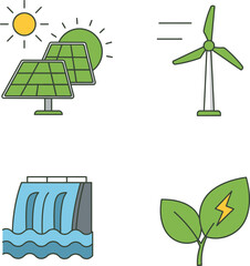 Clean energy icons solar wind hydroelectric and leaf symbols representing sustainable power sources isolated on transparent background