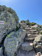 A narrow stone pathway leads adventurers up a rocky mountain, anticipating a scenic view and journey through untouched nature and serene landscapes